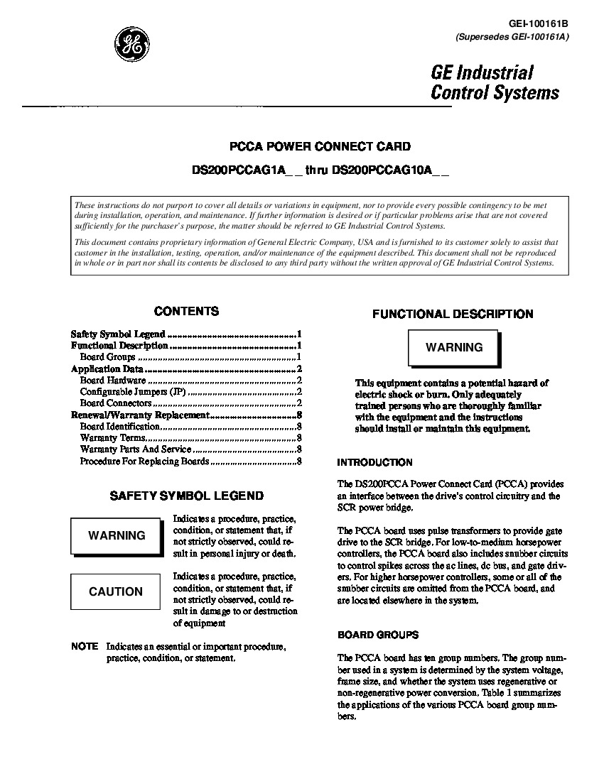 First Page Image of DS200PCCAG10A GEI-100161B Power Connect Card Intro and Data.pdf